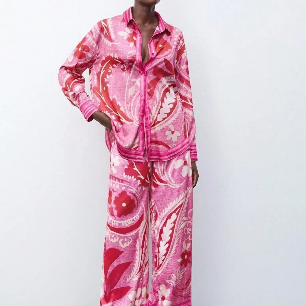 Hot Pink Casual Women's Floral Print Straight Leg Pants For Vacation - Picture 5 of 7